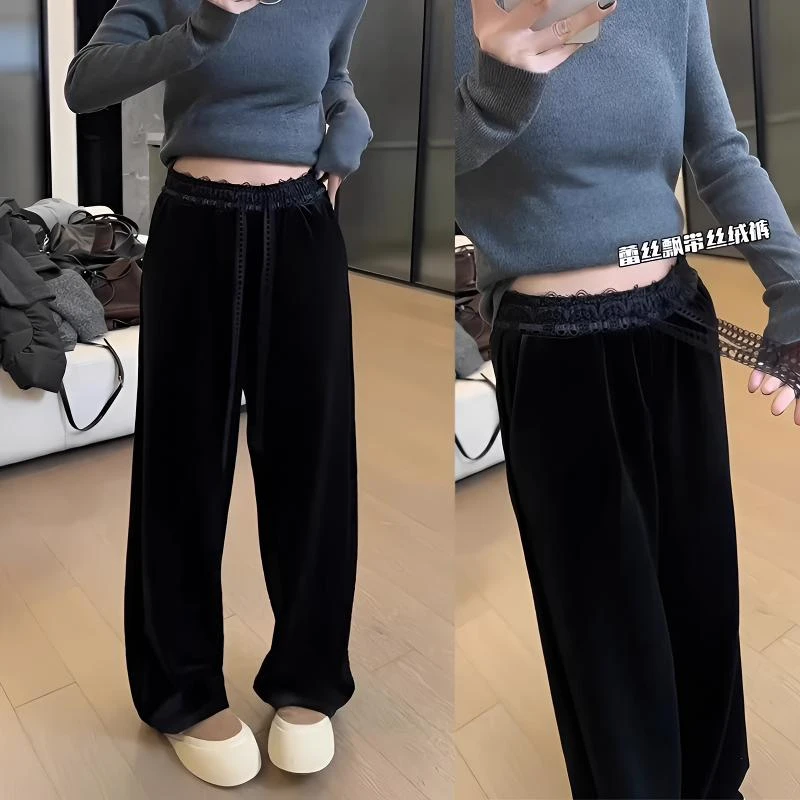 丝绒阔腿裤女显瘦蕾丝百搭秋冬加厚宽松高腰休闲垂坠感拖地长裤子