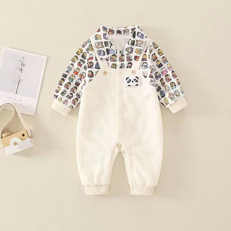 【潮星】春秋新款男女宝宝可爱洋气假背带小熊翻领长袖连体哈衣爬