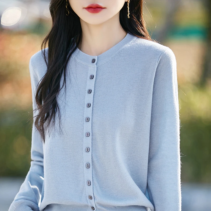 时尚品牌女装秋冬季纯色羊毛开衫针织衫百搭宽松圆领显瘦毛衣外套