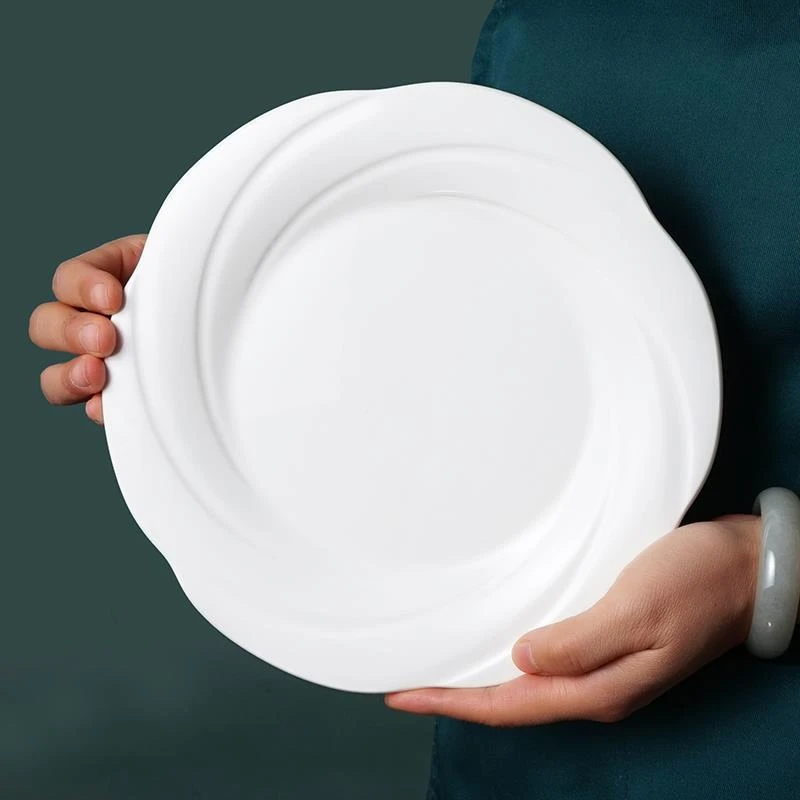 纯白陶瓷花边洋气创意水浮莲浅盘酒店餐厅冷盘菜盘花边陶瓷盘子