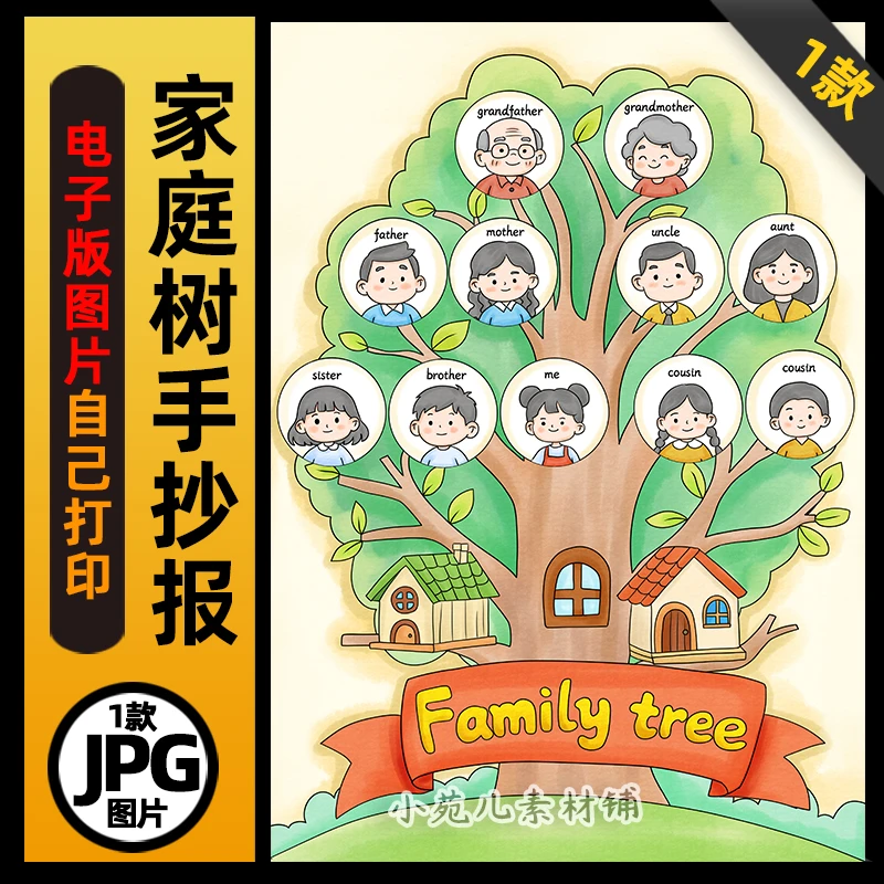 1117家庭树英语手抄报family tree竖版电子版线稿图片素材