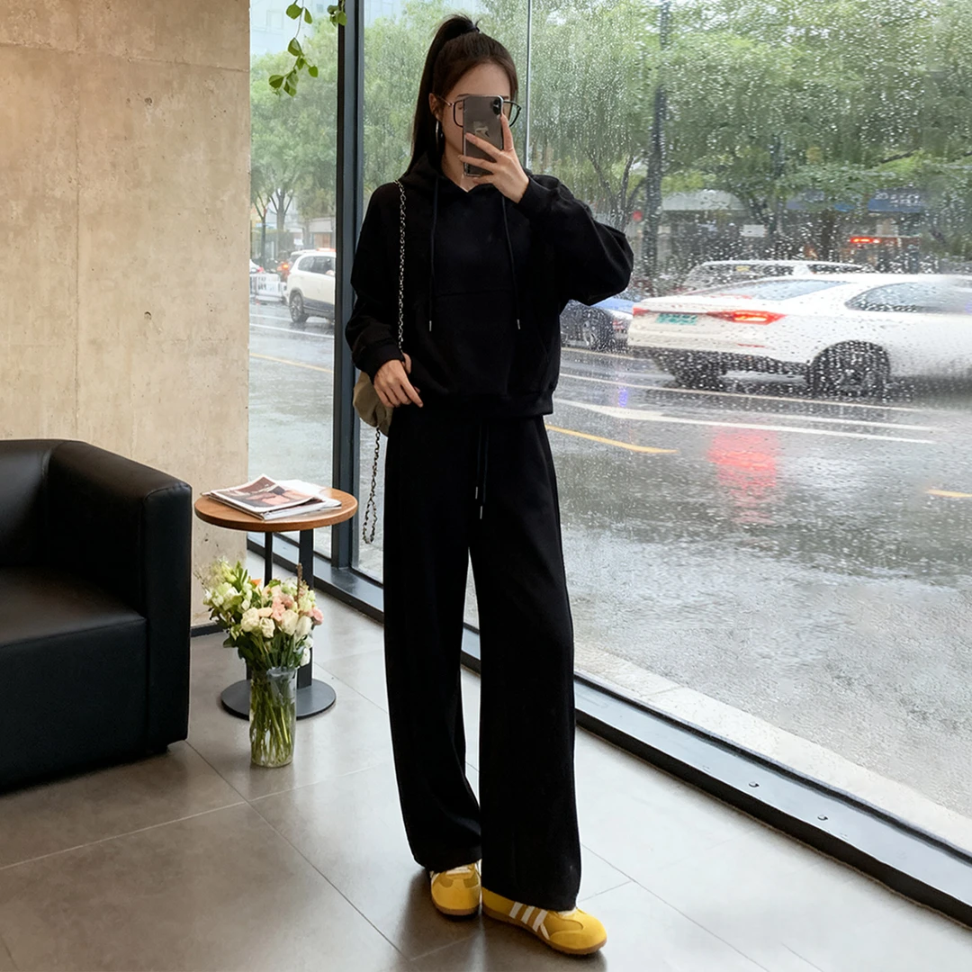 欧货休闲运动套装女春秋新款小众设计感收腰连帽卫衣阔腿裤两件套