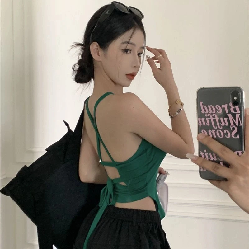 系带不规则设计感露背小上衣女辣妹性感内搭外穿绿色穿搭吊带背心