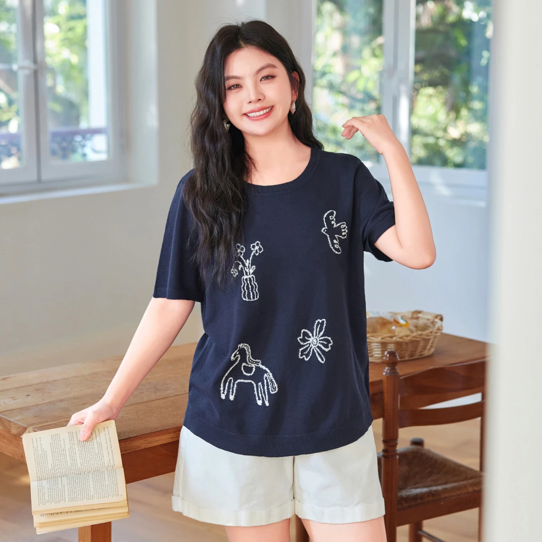 【撞色提花针织衫】MsShe大码女装2025夏季遮肚短袖上衣女K2507019