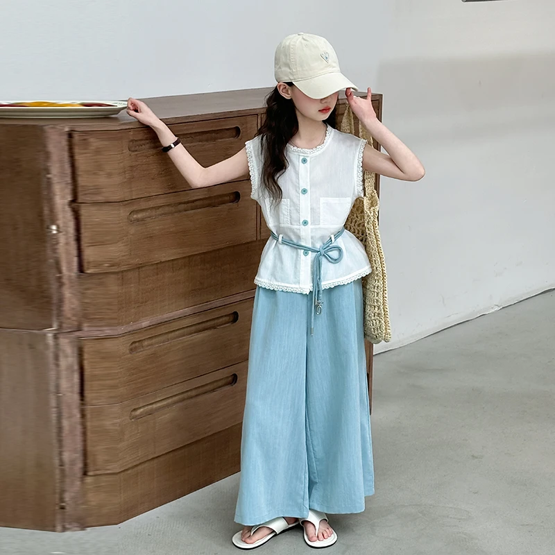 女童夏季时尚韩版洋气时尚套装2025新款儿童无袖背心阔腿裤两件套