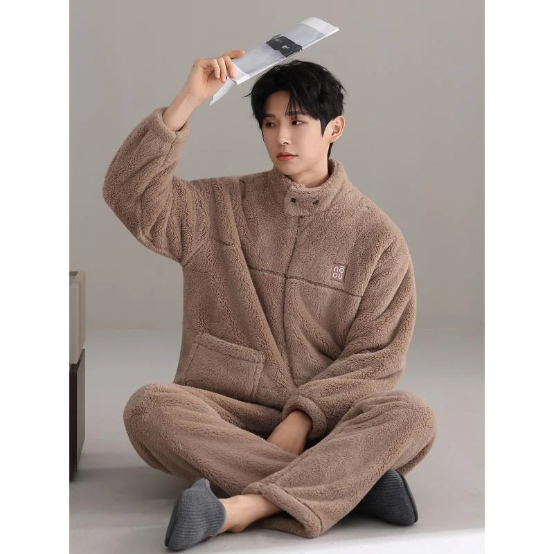 男士秋冬季可外穿保暖舒棉绒加绒极简厚款睡衣舒适宽松睡衣