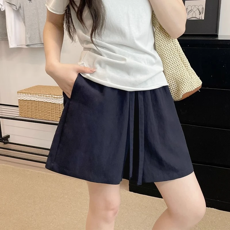 藏青色棉麻短裤女夏季外穿2025新款小个子宽松亚麻休闲阔腿五分裤