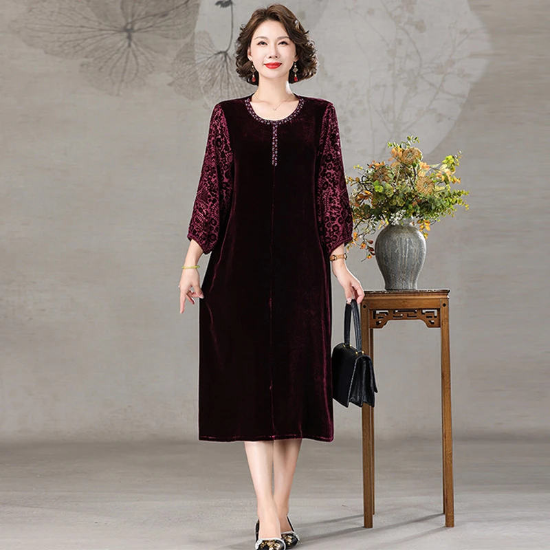 喜婆婆妈妈婚宴礼服平时可穿轻奢高级感真丝金丝绒烧花拼接连衣裙