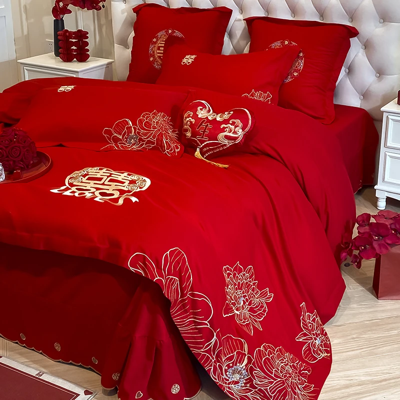 新款大红婚庆四件套结婚套件床上用品加厚磨毛喜庆中式婚房绣花