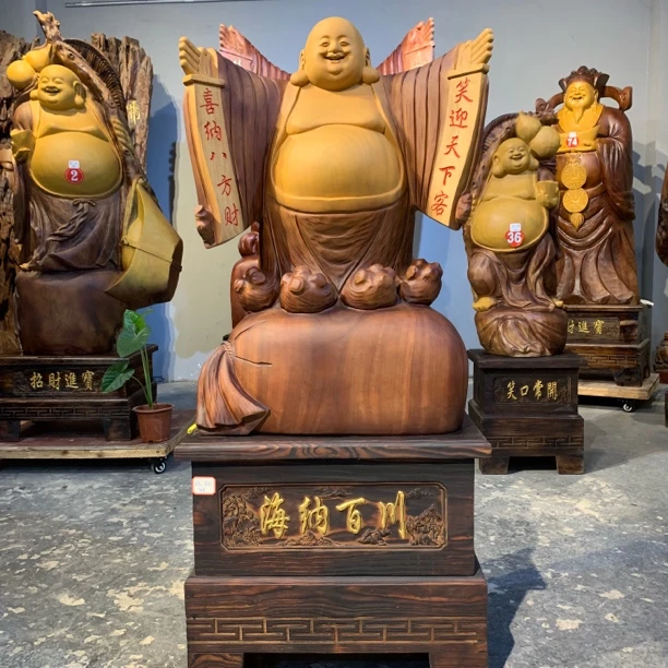 热销款【双手弥勒】香樟木一木成型落地摆件带底座