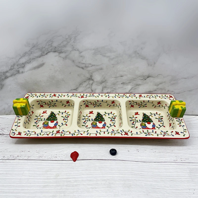 外贸出口尾单美式陶瓷多格碟圣诞彩绘浮雕零食小吃盘果盘彩绘超大