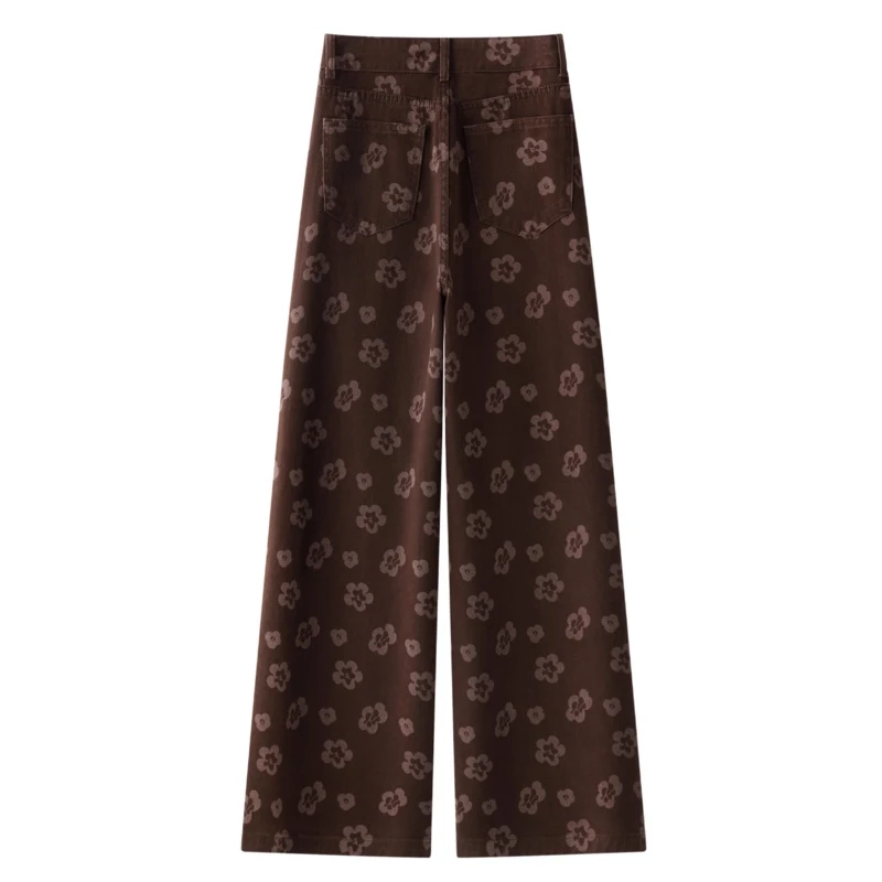 2025新款秋季咖色提花阔腿牛仔裤女设计感高腰显瘦宽松直筒裤长裤