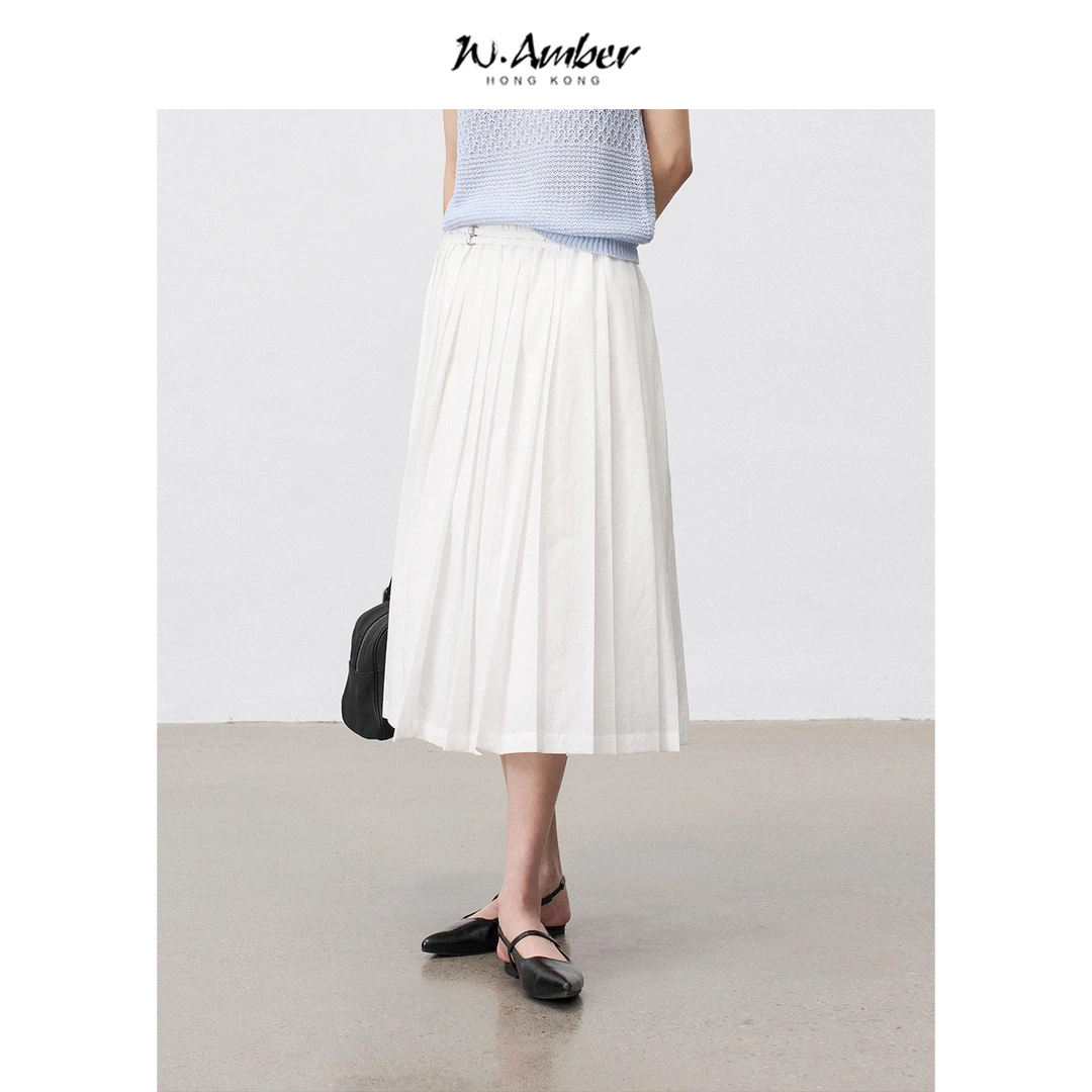 双腰带百褶半身裙女2025夏季新款松紧腰显瘦A字中长款裙子