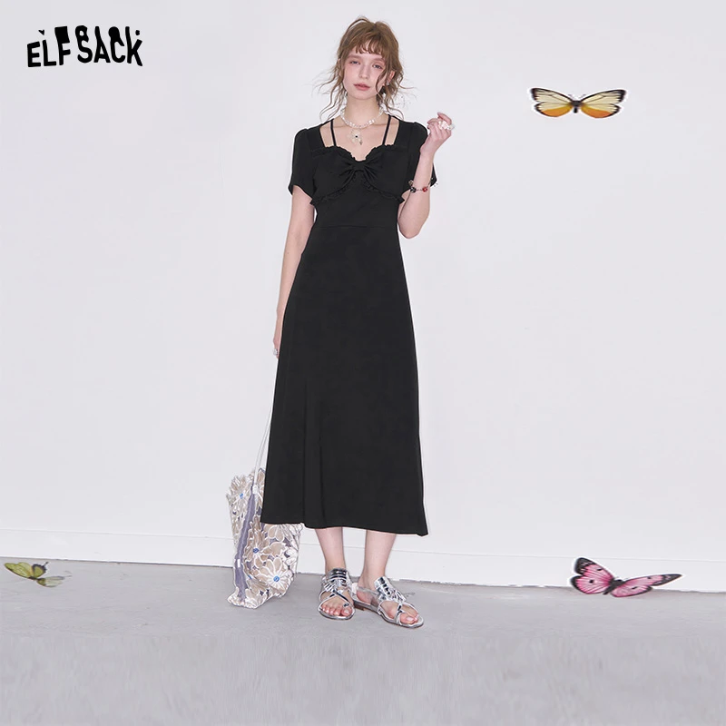 0004【金拐子】妖精的口袋黑色蝴蝶结短袖连衣裙女赫本风气质显瘦