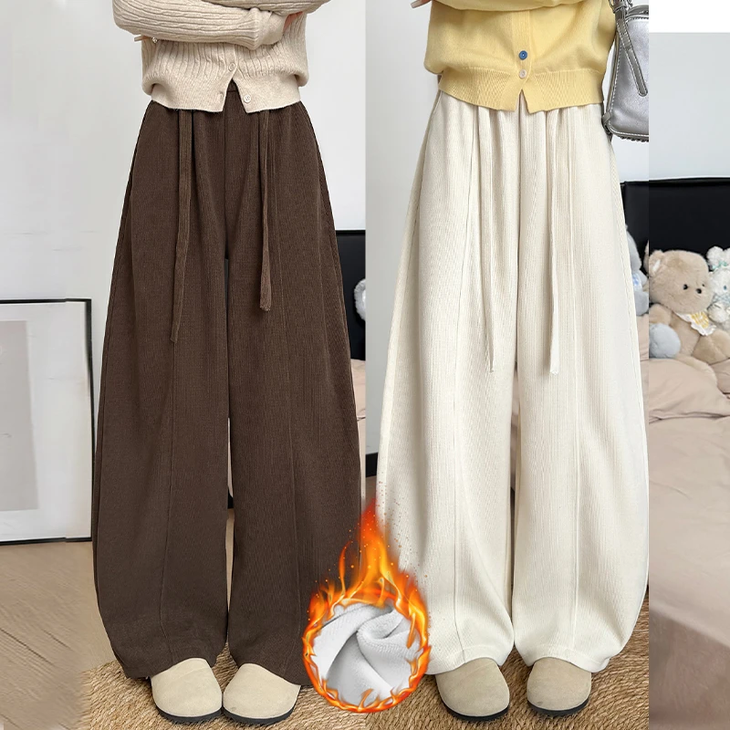 深咖色欧绒棉弯刀阔腿裤女秋冬2025新款宽松加绒小个子直筒休闲裤