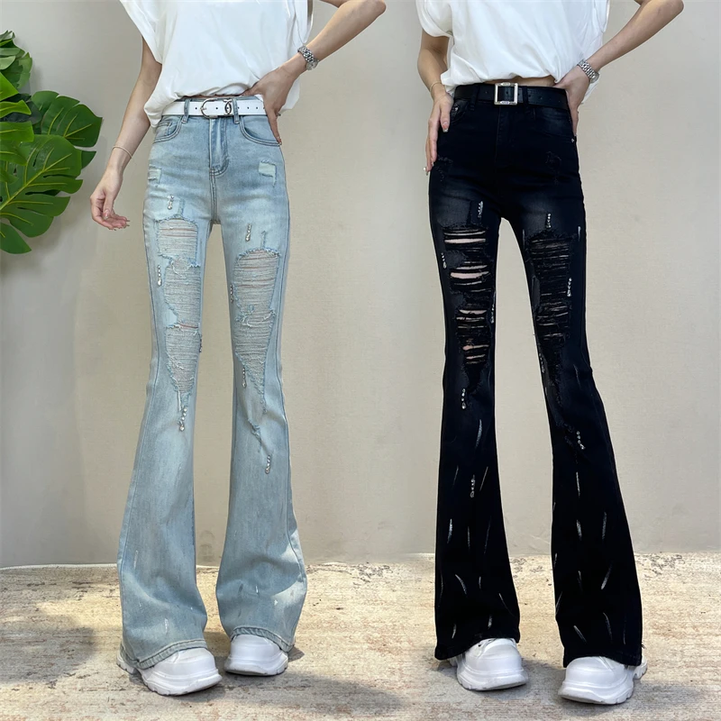 迪否烫钻破洞微喇牛仔裤女夏季薄款2025新款修身显瘦喇叭裤子6059