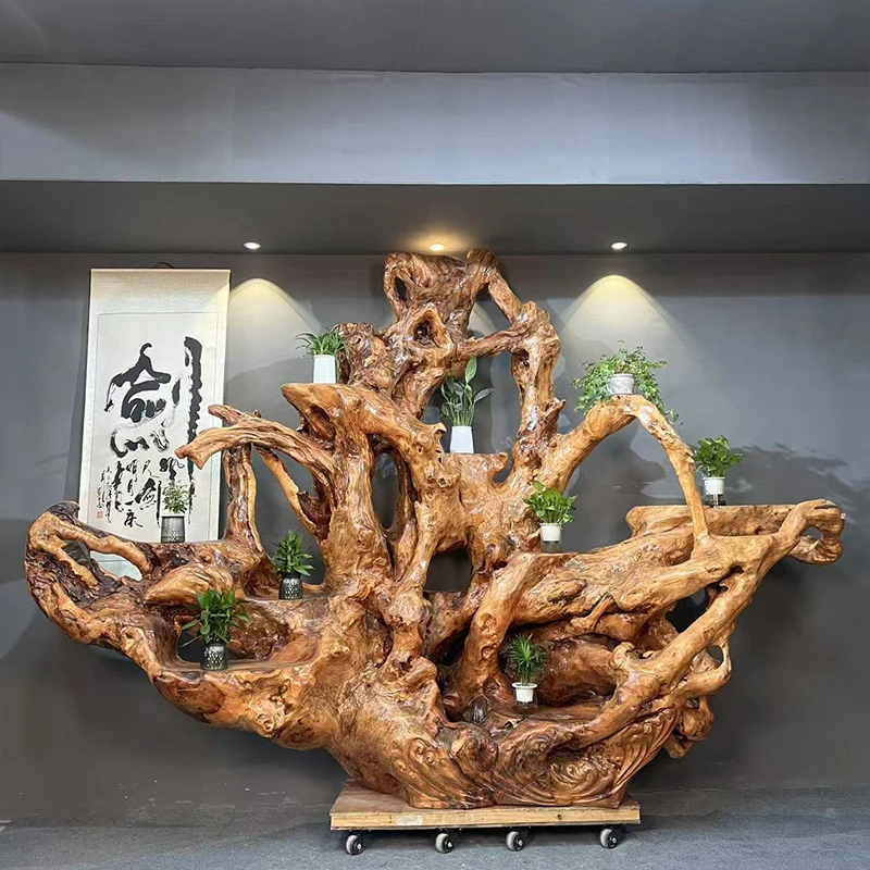 实木根雕花架子天然树根摆件整体多层盆景鱼缸底座原木阳台置物架