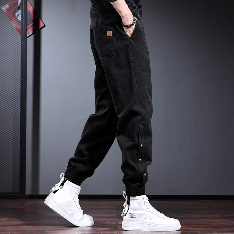 休闲工装裤子男宽松阔腿哈伦裤秋冬季欧美风配马丁靴的裤子男黑色
