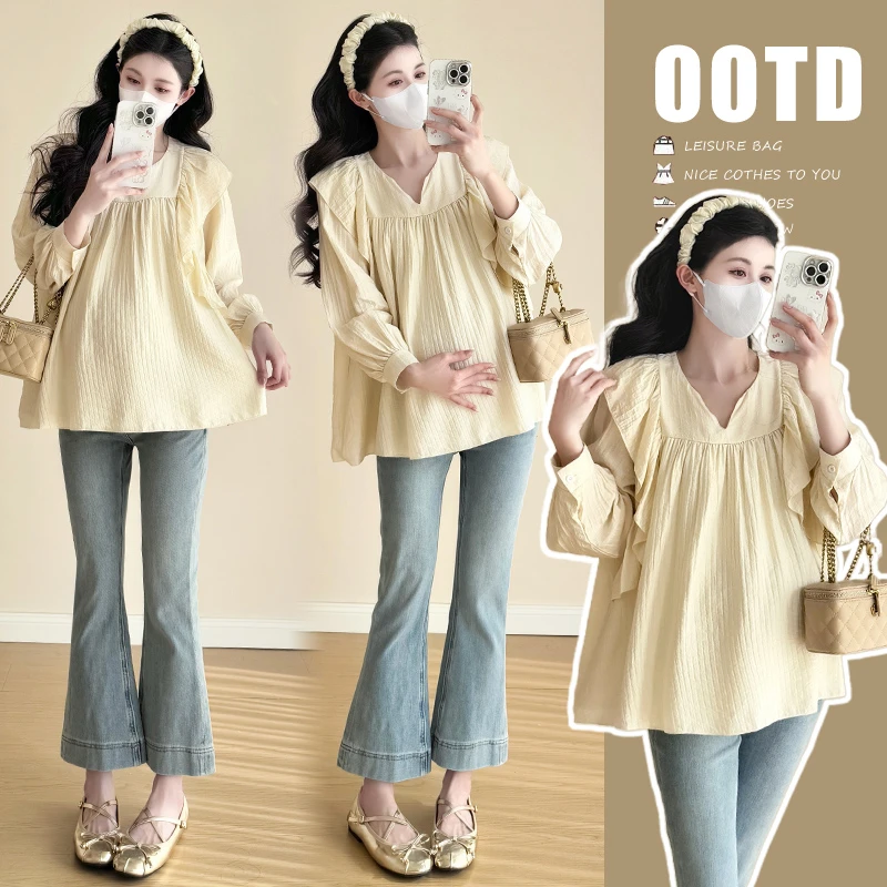 孕妇装春季外穿洋气宽松衬衫木耳边设计甜美气质长袖娃娃衫上衣