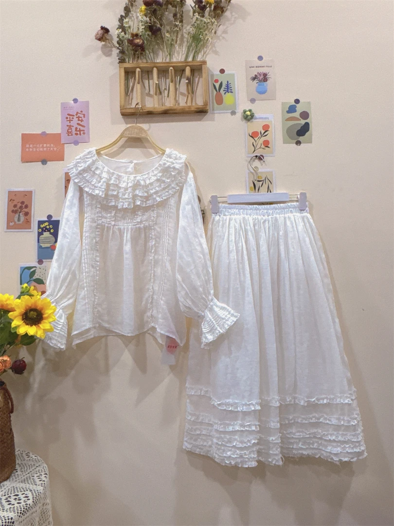 《米粒》63304森系甜美重工宽松百搭减龄苎麻套装