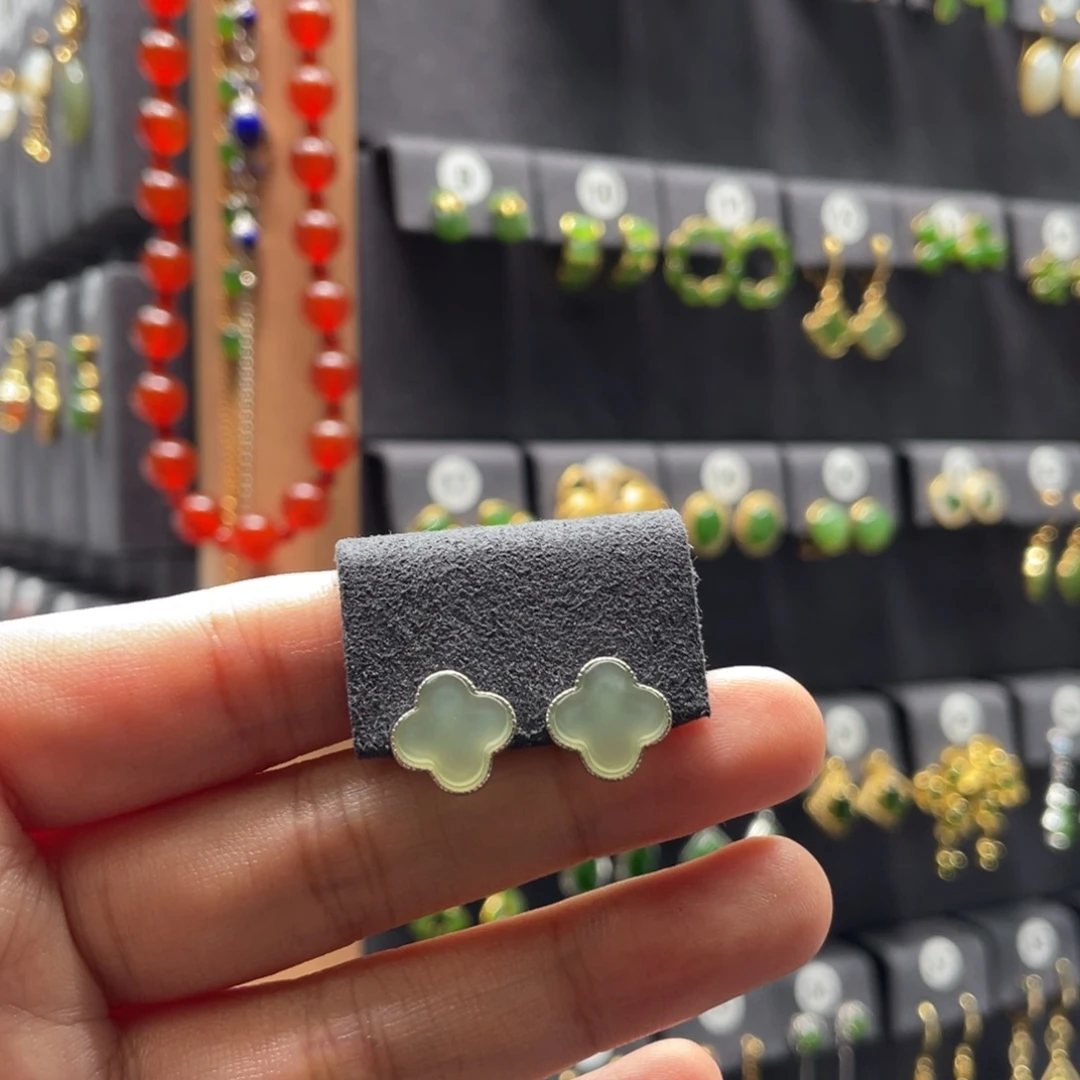 和田玉银S925镶嵌耳饰0520号