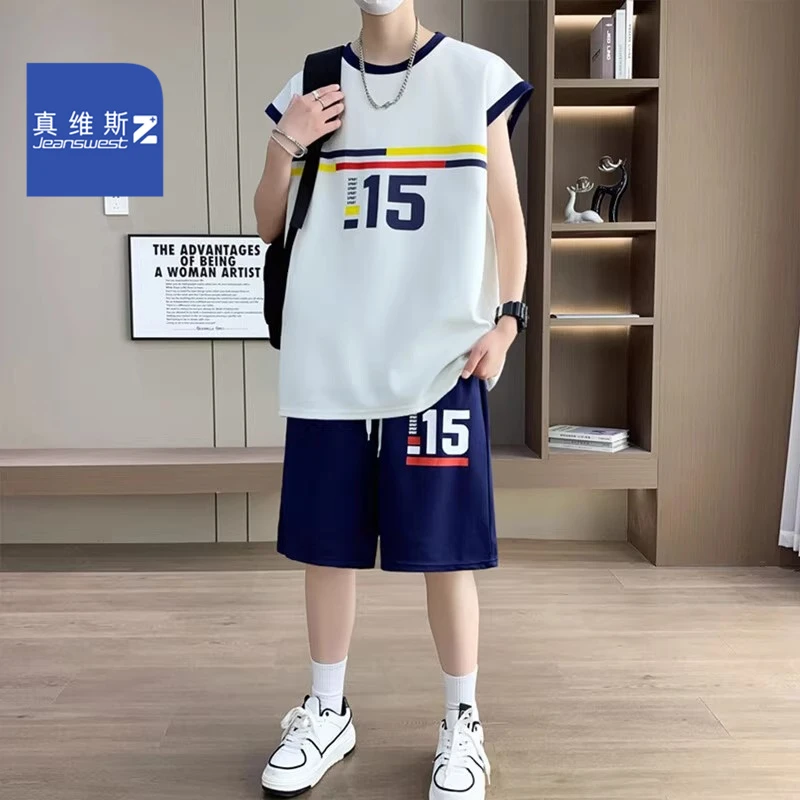 真维斯Z品牌夏季速干t恤两件套男孩背心运动套装青少年学生篮球服