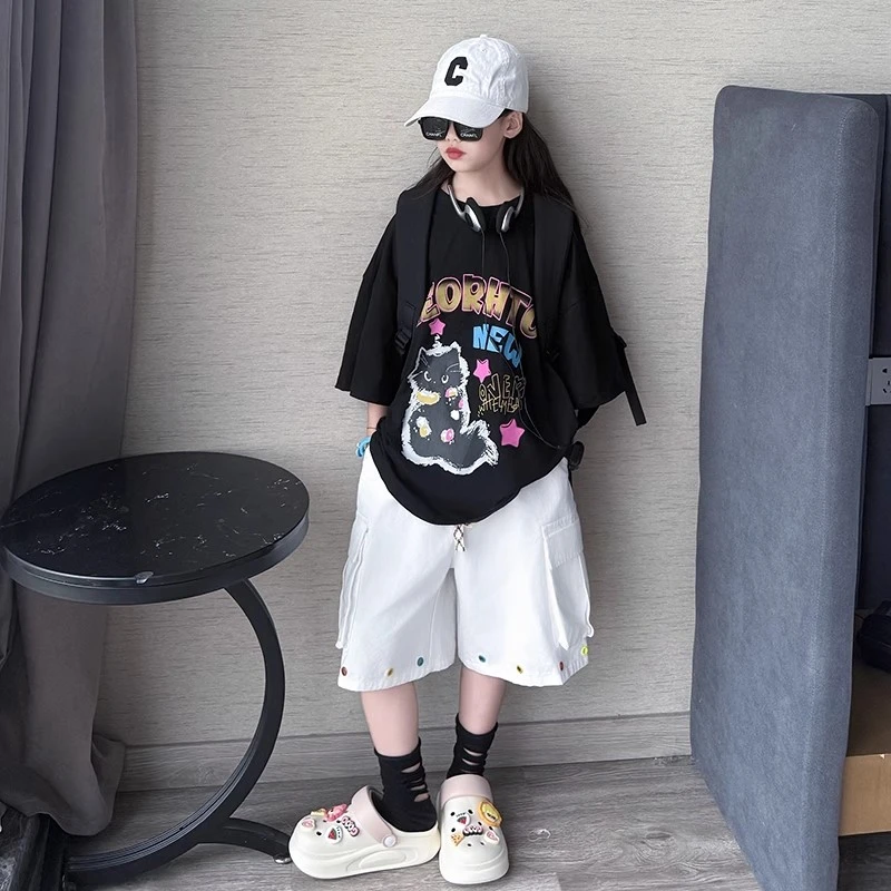 男女童美式工装短裤夏季痞帅设计感编织抽绳五分裤潮牌宽松休闲裤