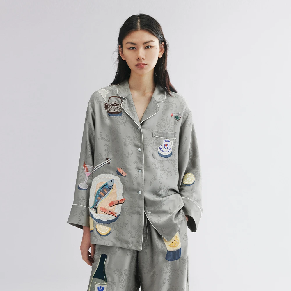 UOOYAA/乌丫2025秋季新款「爱与食物」鱼虾和茶酒睡衣式衬衫4186
