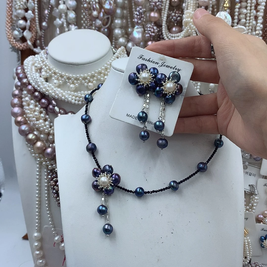 银S925镶嵌淡水珍珠项链耳饰