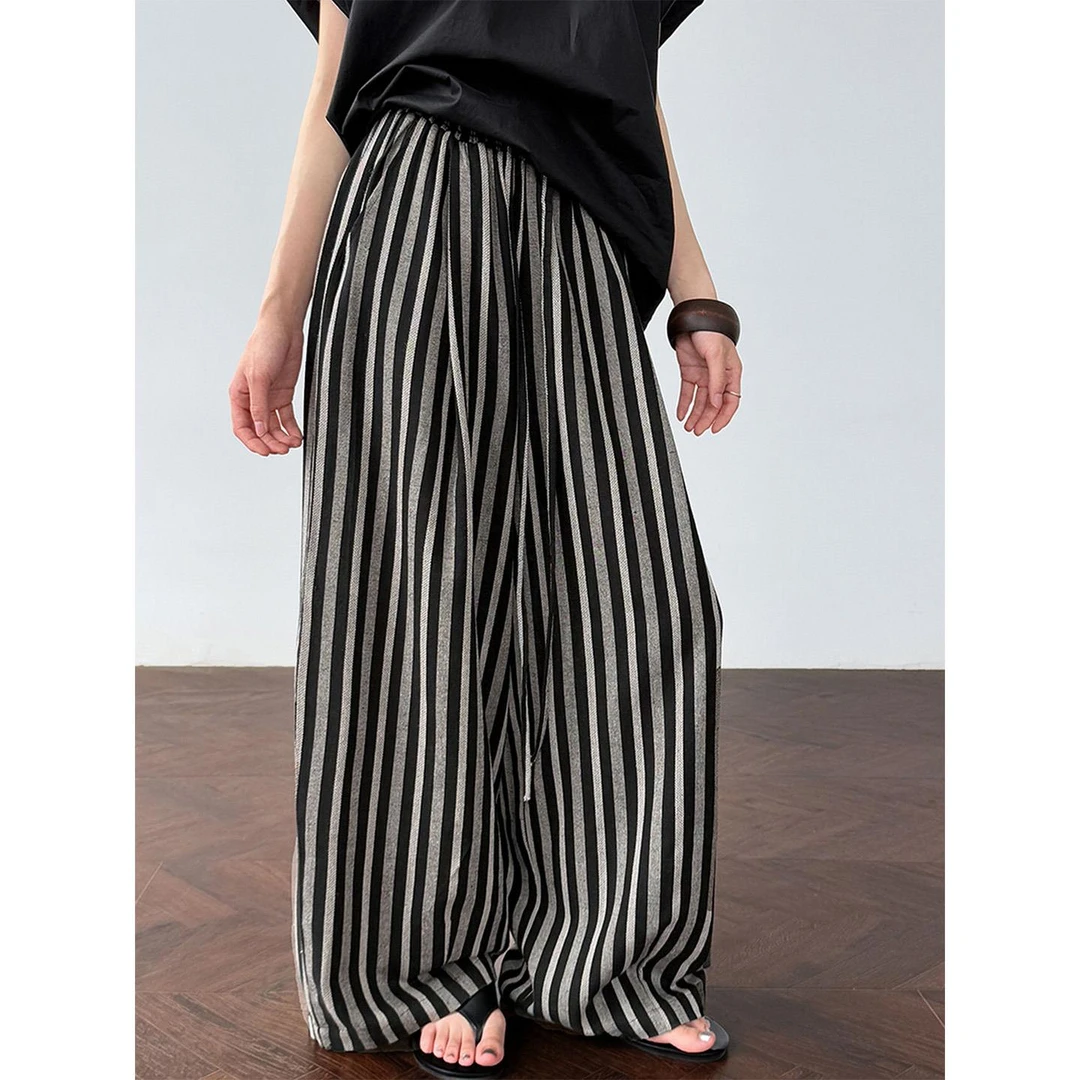 慵懒松弛感竖条纹拖地休闲裤女老钱风镰刀阔腿裤夏天穿的薄款裤子