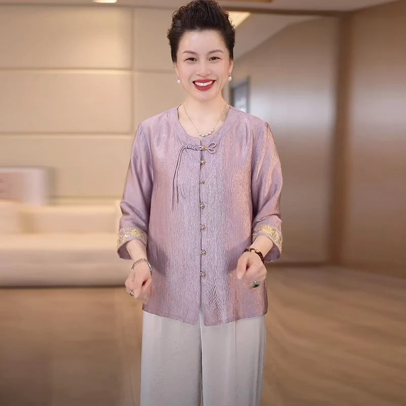 中年妈妈夏装衬衣套装2025新款洋气中老年女装国风上衣裤子两件套