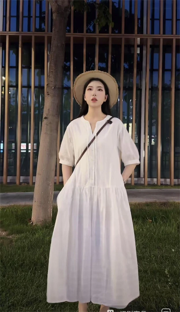 韩版显瘦气质中袖不褪色森系中长裙甜美连衣裙宽松中长款国风港风