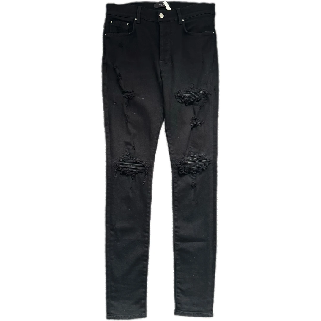 99新 AMIRI 黑色新款拼皮破洞牛仔裤33码