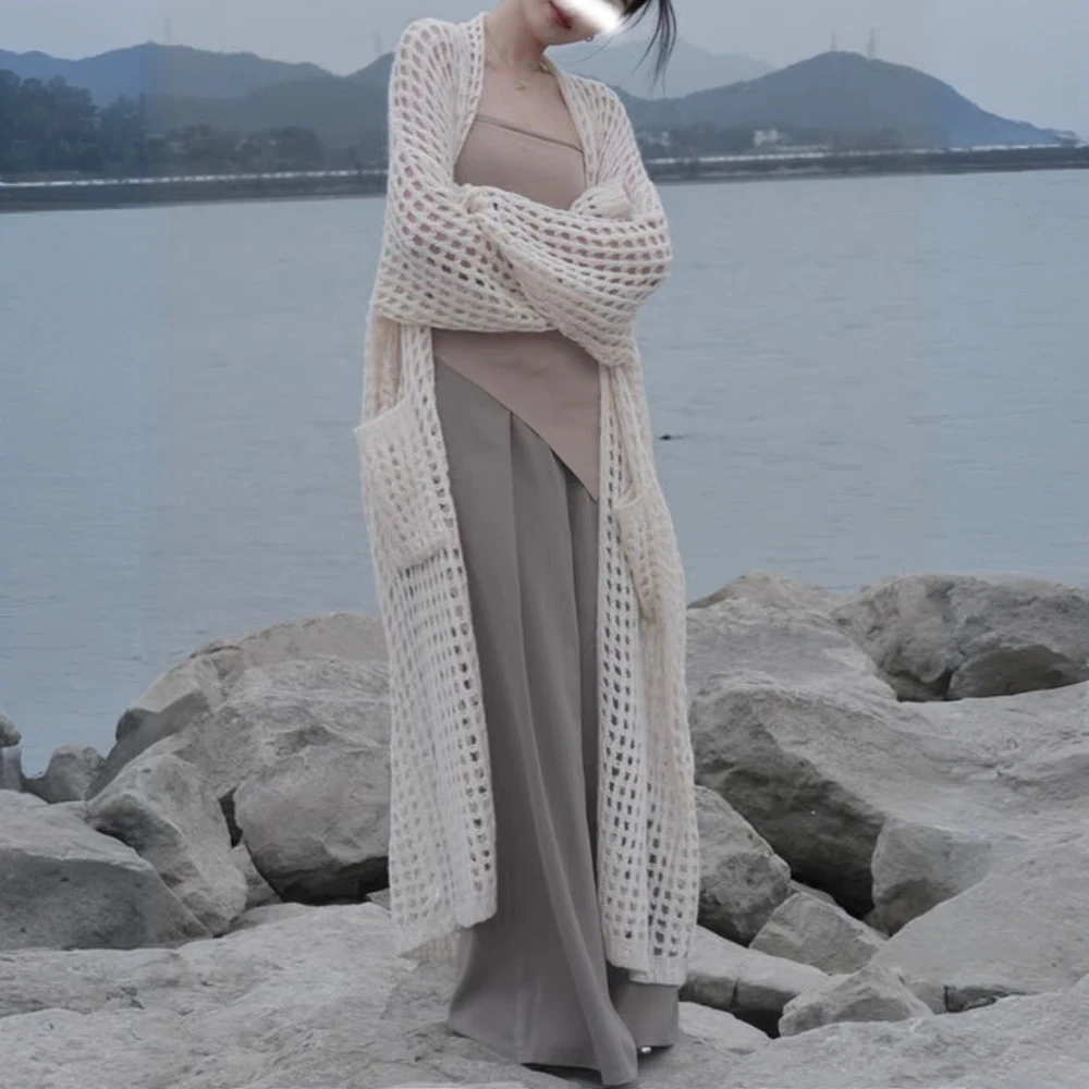 复古防晒针织开衫外套女2025春夏长款带口袋外搭空调罩衫别致上衣