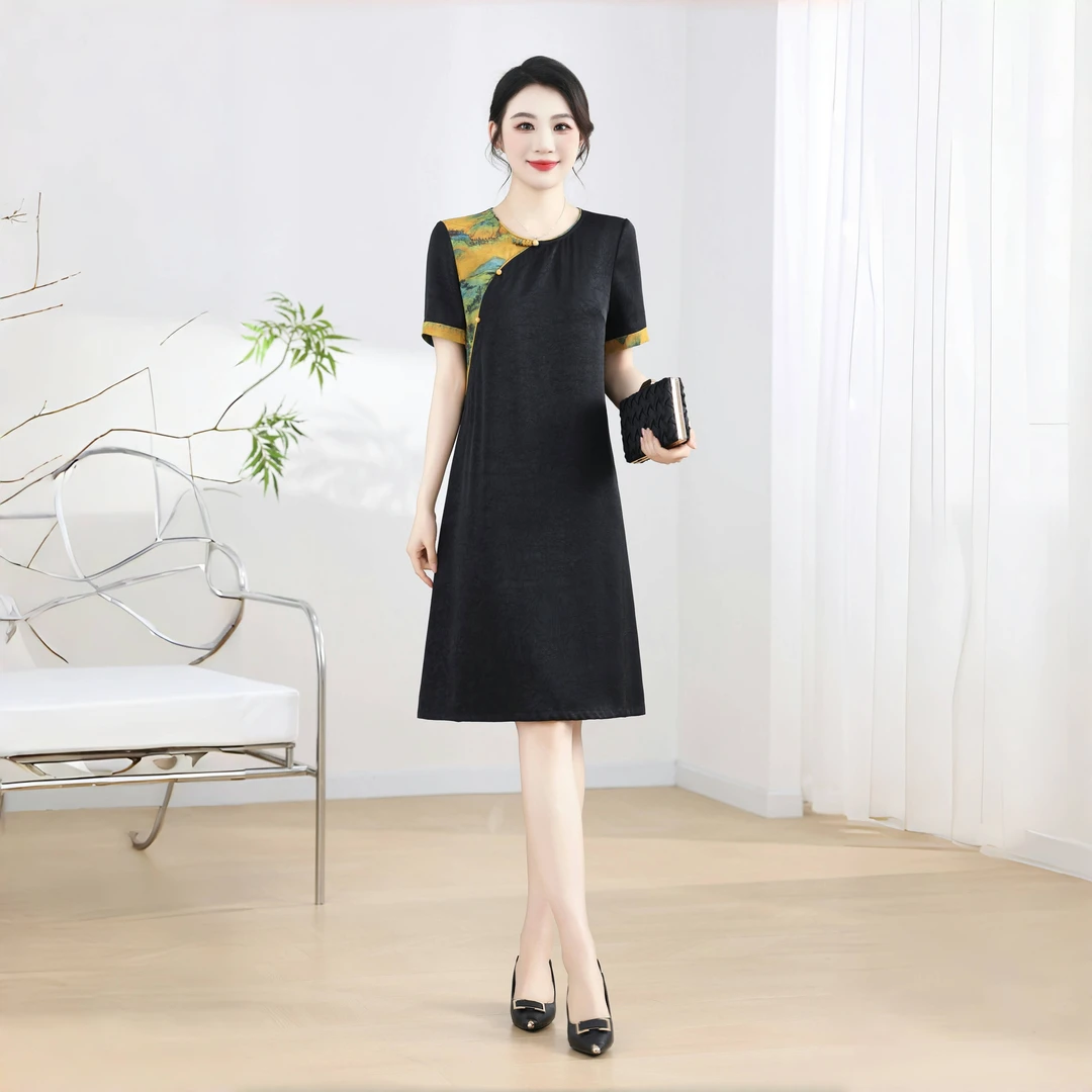 L192商场同款2025夏季短袖中长裙宽松腰连衣裙休闲国风时尚显瘦