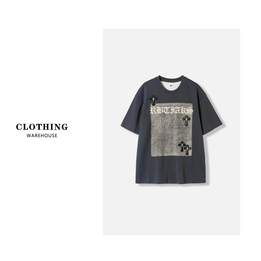 A476 夏季美式重磅潮牌拼皮十字架百搭宽松休闲圆领短袖T恤5059灰