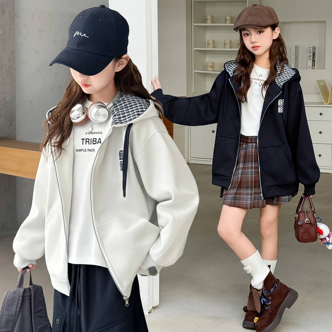 女童拉链外套春秋款2025新款女大童秋季开衫衣服儿童秋装连帽上衣