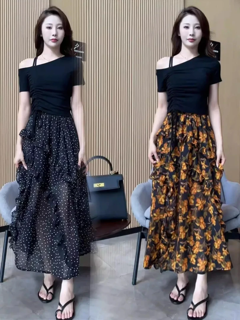 时尚小清新套装裙2025夏季新款斜肩设计短袖纯色上衣碎花半身裙潮