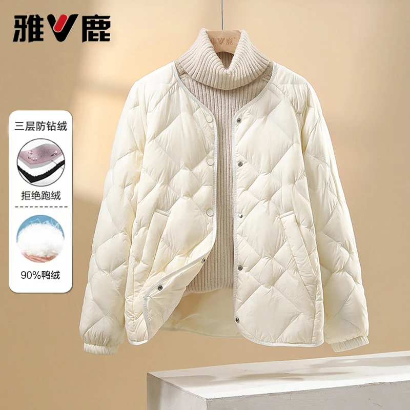 雅鹿2025新款轻薄登山羽绒服女短款百搭休闲保暖韩版圆领春季外套