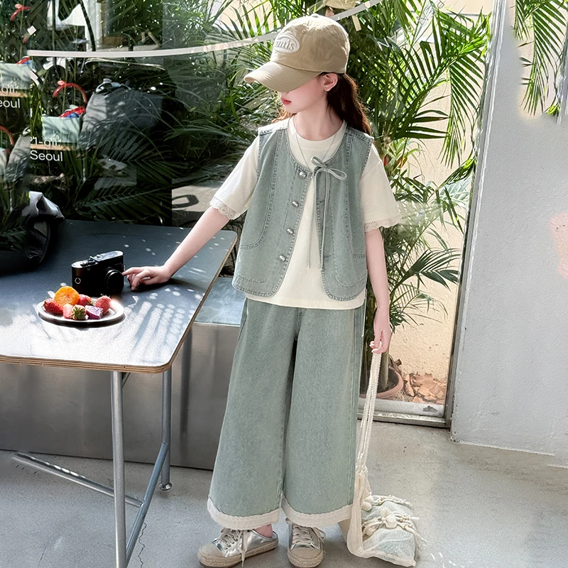 女童夏装套装2025新款洋气时髦儿童马甲牛仔三件套中大童女孩夏季