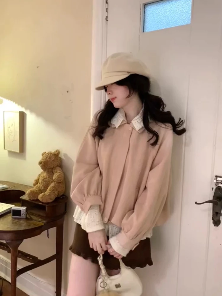 秋季韩系可拆卸花边领棕色麂皮外套女2025新款小个子宽松花苞上衣