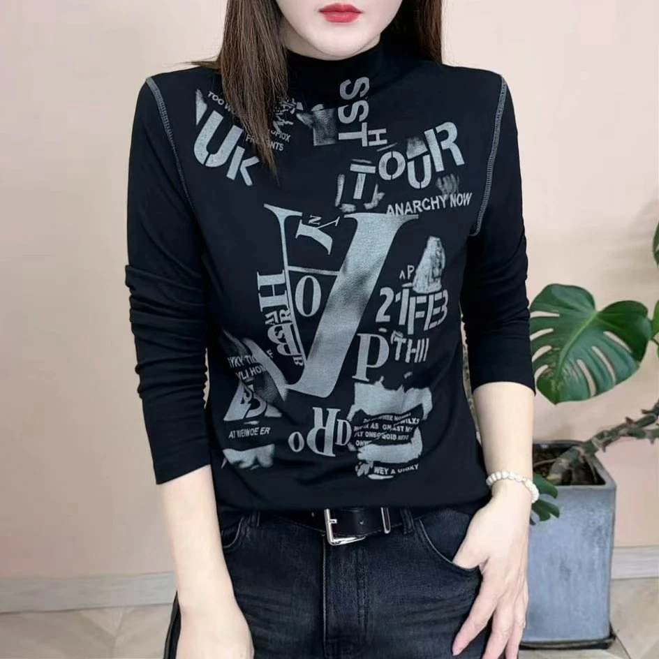 2025秋冬新款半高领时尚长袖T恤修身显瘦小衫减龄女士打底衫8235