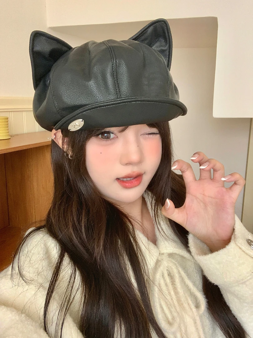 小众设计猫耳朵黑色贝雷帽女甜美可爱百搭大头围八角云朵报童帽子