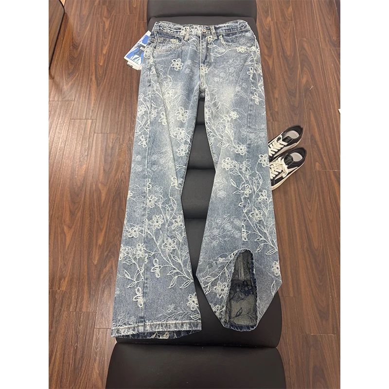设计感蓝色提花牛仔裤男女款ootd穿搭裤子显瘦微喇直筒痞帅阔腿裤