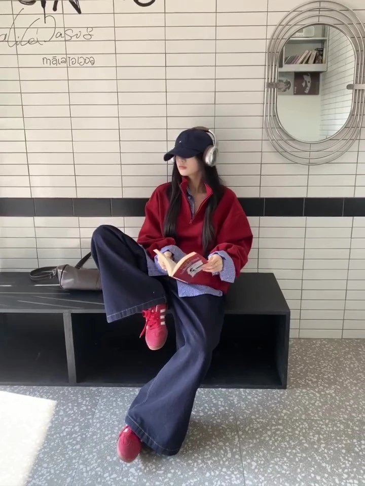 【玫瑰梦境】休闲红色卫衣上衣减龄显瘦高级感衬衫上衣牛仔裤三件套