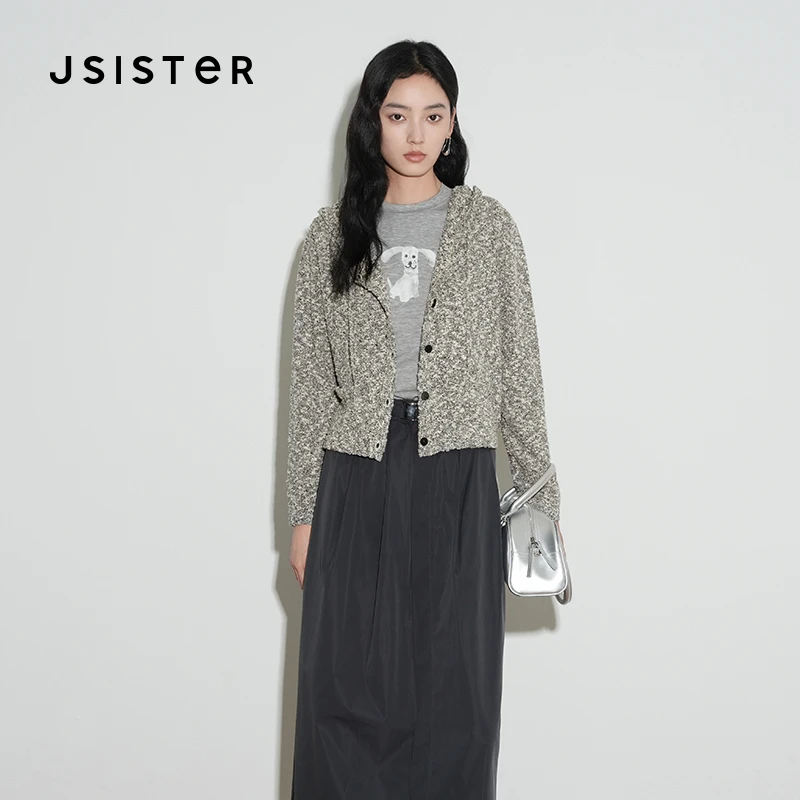 jsister 2025年秋季新品 JS女装时尚灰色简约连帽百搭针织衫 外套
