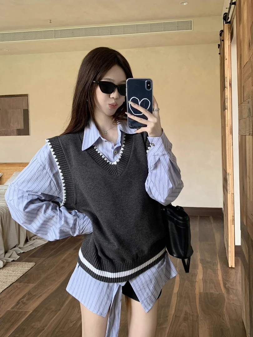 韩系学院风百搭两件套POLO领条纹长袖衬衫女秋季无袖针织马甲背心
