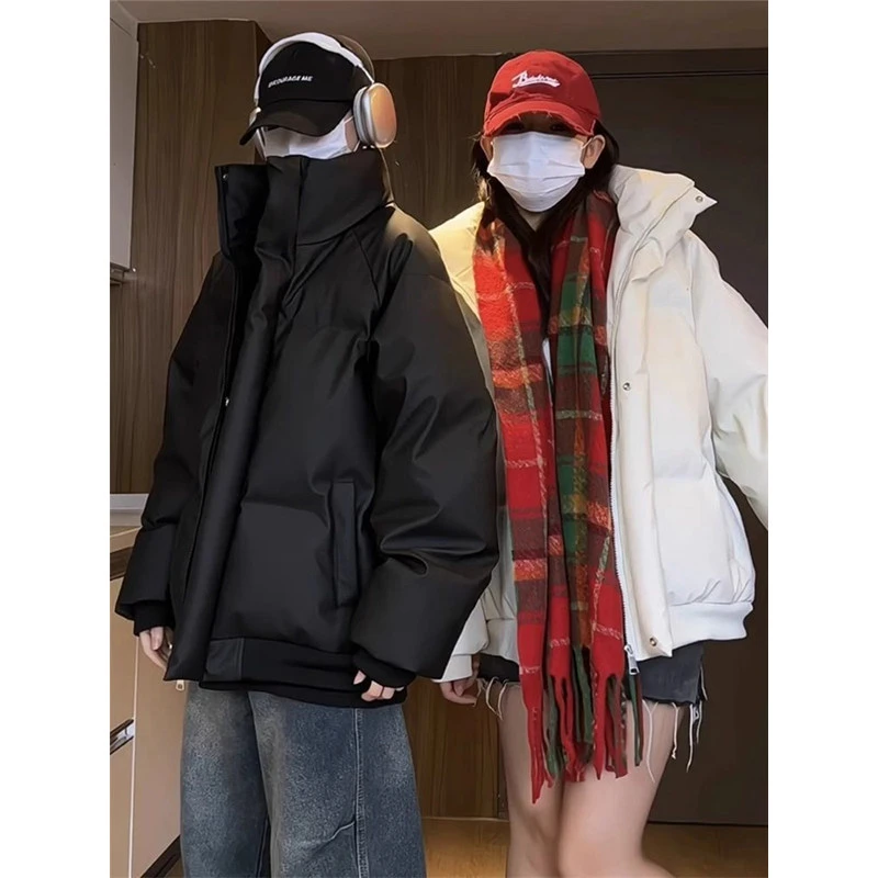 冬季立领黑色PU皮棉衣外套男宽松保暖加厚羽绒棉服情侣美式棉袄潮