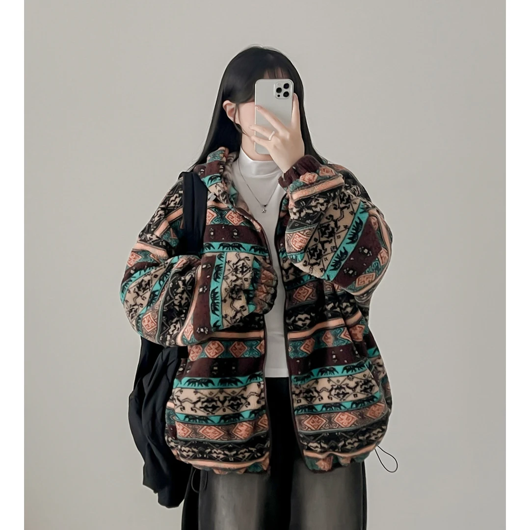 尺寸已更新 韩国chic 通勤费尔岛风粒绒双向拉链连帽外套