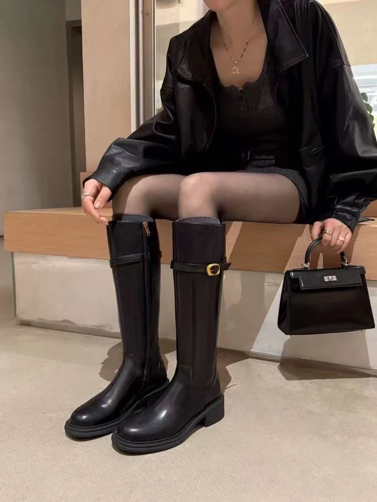 私人定制版/4.5公分真皮法式圆头粗跟不过膝骑士靴侧拉链英伦长靴